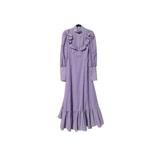 Pastel Purple Checkerboard Handmade Ruffle Vintage Long Sleeve Maxi Dress